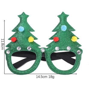Christmas tree party glasses with colorful pompoms and rhinestones, size 14.5x11.8cm