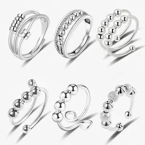 Minimalist Copper Spinning Anxiety Ring For Women Men Adjustable Open Stress Relief Ring With Rotating Beads Fashion Jewelry