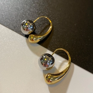 French vintage gold and silver fluid teardrop hoop earrings with high-polished metal balls