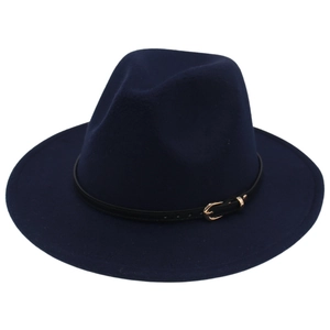 Detail of navy blue wool fedora hat featuring a black leather band and gold buckle accent