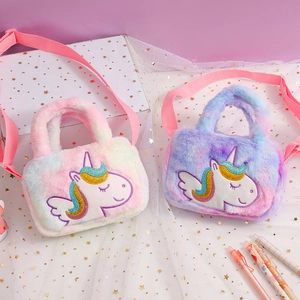 Cute plush unicorn crossbody bags for girls in pastel pink and purple gradient colors