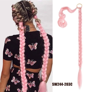 Detail view of 80cm pink braided ponytail extension with model wearing two long braids