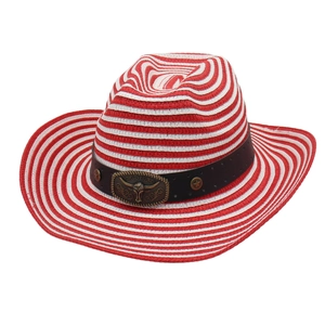 Unisex striped raffia straw cowboy hat with vintage bull head buckle and wide brim