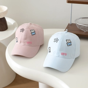 Kids baseball cap with cartoon bear and smiley embroidery in pink and light blue colors