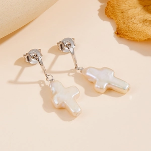 Baroque natural freshwater pearl cross earrings in S925 sterling silver for women