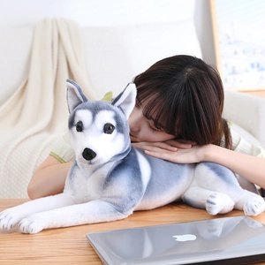 Macro detail of plush husky stuffed animal skin with soft grey and white fur texture