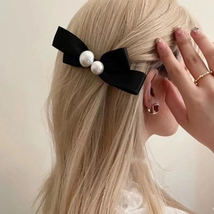 Elegant black satin bow hair clip with white pearls, stylish French spring clip for women