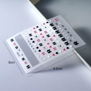 5D embossed floral nail stickers with pink hearts and ribbons on a gray background