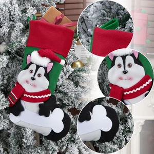 Christmas stocking gift bag with cartoon husky dog and white bone on red knit fabric