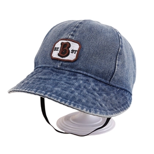 Blue denim baby sun hat with embroidered letter B and adjustable chin strap
