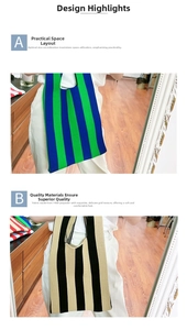 Detail view of knitted tote bag showing 140D polyester texture and striped design
