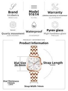 Detailed specifications of square rose gold ladies watch with dimensions and features