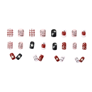 24pcs press-on nails set featuring red plaid, cute dogs, cats and colorful doodle patterns