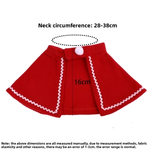 Size chart for red pet Christmas cloak showing neck girth 28-38cm and 16cm length