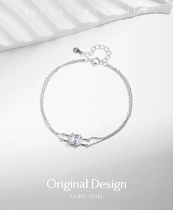 Detail of S925 sterling silver double-layer bracelet with square crystal and hallmark