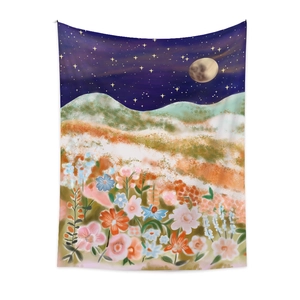 Artistic moon phase and mountain tapestry with night sky and floral meadow design