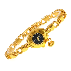 Elegant gold quartz bracelet watch for women featuring hollow heart links and black dial