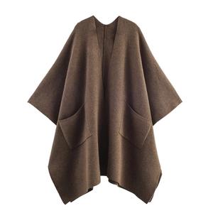 Women Knitted Cloak Shawl Polyester Spandex Open Front With Pockets Solid Color Elegant Casual Autumn Winter Cape