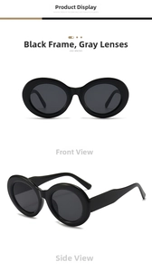 Vorder- und Seitenansicht der Vintage Oval Sonnenbrille mit dickem schwarzem Rahmen