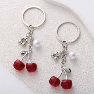 Sweet Cherry Keychain Alloy Resin Faux Artificial Pearl Transparent Fruit Bag Charm Cute Pendant Accessory For Women