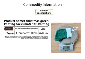Detailed size chart and weight measurement for green knitted Christmas stocking ornament