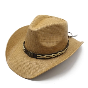 Classic Western straw cowboy hat with bull head metal emblem and leather band