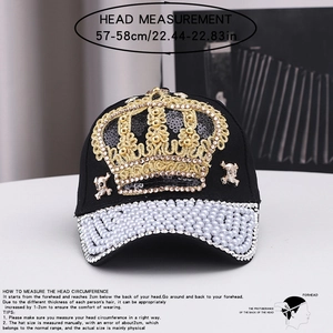 Fashion crown baseball cap with gold sequins, skull metal decor, and faux pearl brim