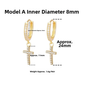 Detailed size specifications for gold cross hoop earrings with cubic zirconia stones