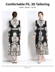 Detailed front and back views of baroque totem print maxi dress with shirt collar and belt