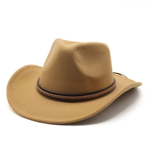 Detailed macro view of camel wool felt fedora featuring a braided brown leather decorative band