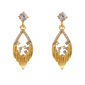 Elegant gold-tone leaf drop earrings with sparkling rhinestones and brushed metal texture