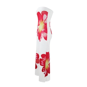 Detail view of tropical red floral print and slim fit cut on white strapless maxi dress
