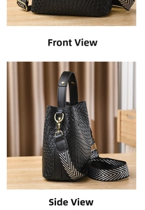 Detail of black woven bucket bag showing its textured material and geometric strap
