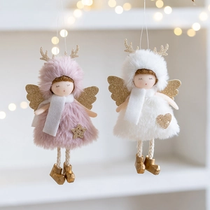 Plush Christmas angel dolls with gold antlers and wings in pink and white colors