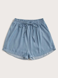 Women's light blue casual shorts with elastic drawstring waist and cuffed hem