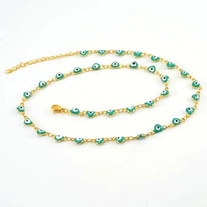 18K gold plated stainless steel chain necklace with green evil eye heart charms