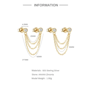 Detailed dimension guide for S925 sterling silver star chain earrings with zirconia