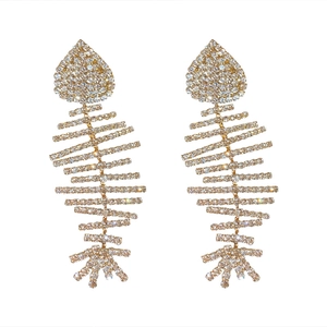 Boucles d'oreilles pendantes arête de poisson dorées avec strass brillants style hip-hop