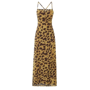 Women Maxi Dress Backless Cross Wrap Strap High Waist Leopard Polka Dot Jacquard Floral Elegant Summer Sexy