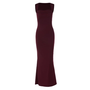 Robe sirène moulante sans manches à col carré élégante en couleur rouge vin foncé