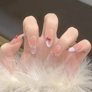 Elegant French Almond Shape Pink Gradient Cat Eye Press On Nails With 3D Red Bow Rhinestones And Artificial Pearl For Women