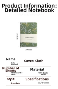 Detailed specifications of A6 linen notebook showing 100x145mm size and 100g paper
