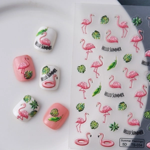 Stickers ongles 5D flamant rose d'été avec feuilles de palmier et motifs tropicaux