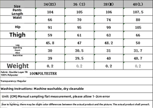 Detailed size chart for tube top and flared pants set with polyester fabric care