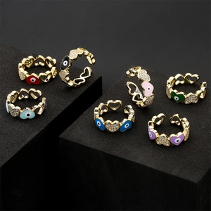Heart Shaped Evil Eye Open Adjustable Ring Copper Gold Plated With Zircon Enamel Fashion Jewelry For Women