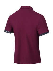 Rear view of burgundy men's waffle knit shirt showing bird print detail on the sleeve