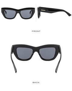 Detailed views of thick black cat-eye sunglasses showing front, side and back frame design