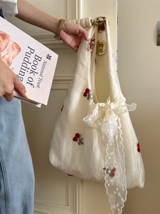 Minimalist white tulle tote bag with red cherry embroidery and lace bow decoration