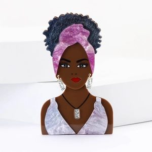 Artistic acrylic African girl brooch with blue hair and turban on white pedestal