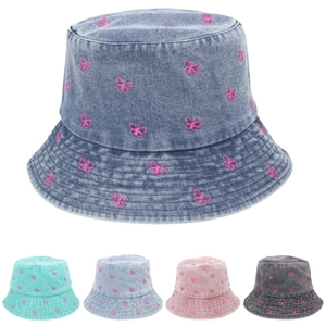 Women's Retro Butterfly Embroidered Denim Bucket Hat Water Washed Sweet Distressed Outdoor Sun Protection Casual Travel Basin Hat